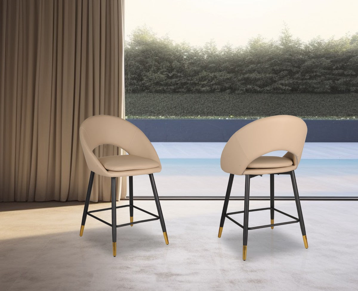 Nova Luxe upholstered bar stool with beige fabric and gold accents for modern luxury homes in Brampton, Ontario