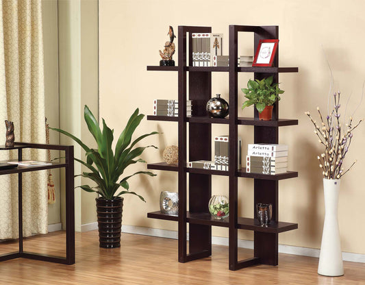 Dark cherry bookcase with open shelving for modern luxury homes