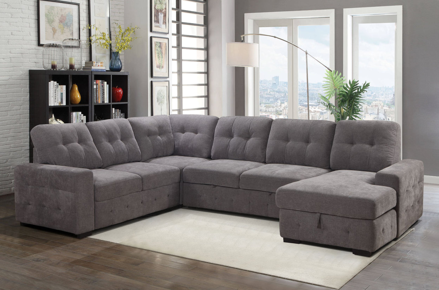 Grey Fabric Sectional Sofa with Storage & USB Port