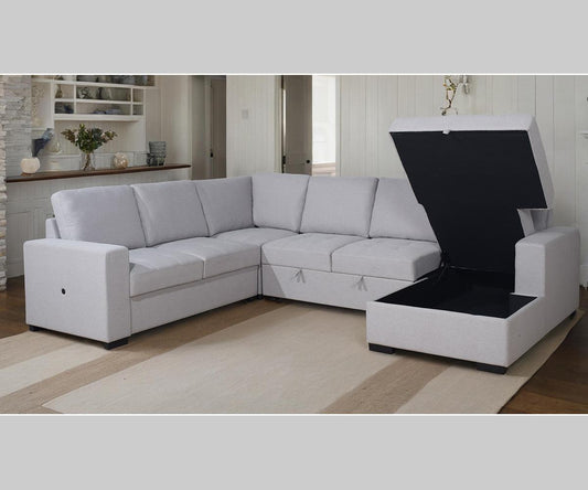 Grey Fabric Sectional Sofa with Storage & USB Port