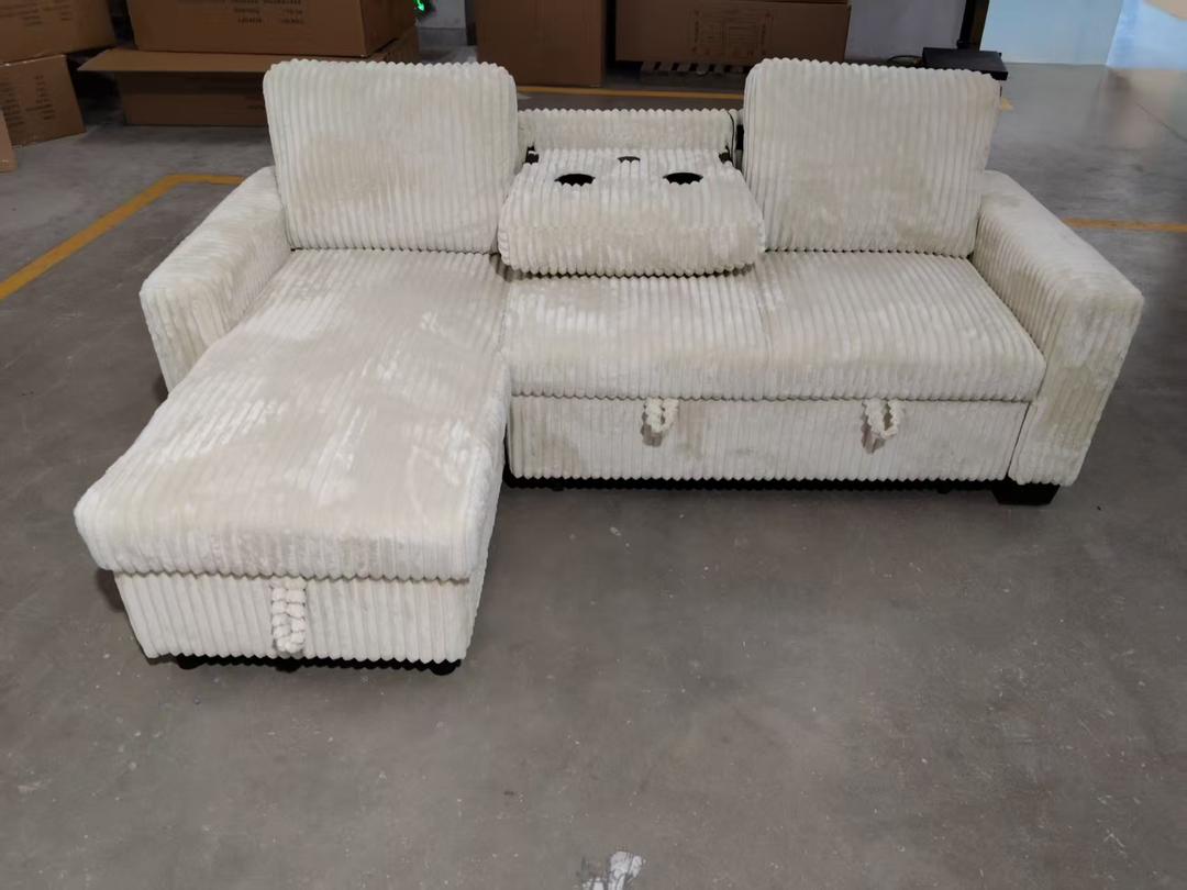 Modern Corduroy Sectional Sofa Bed with Storage & Cup Holders