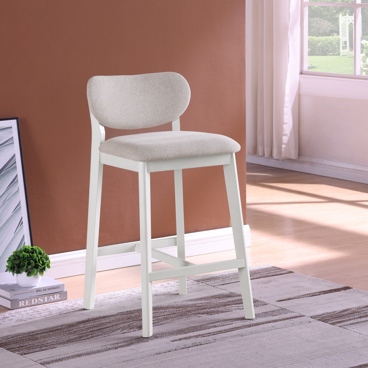 Luna modern upholstered bar stool with white wooden frame for luxury homes in Brampton, Ontario