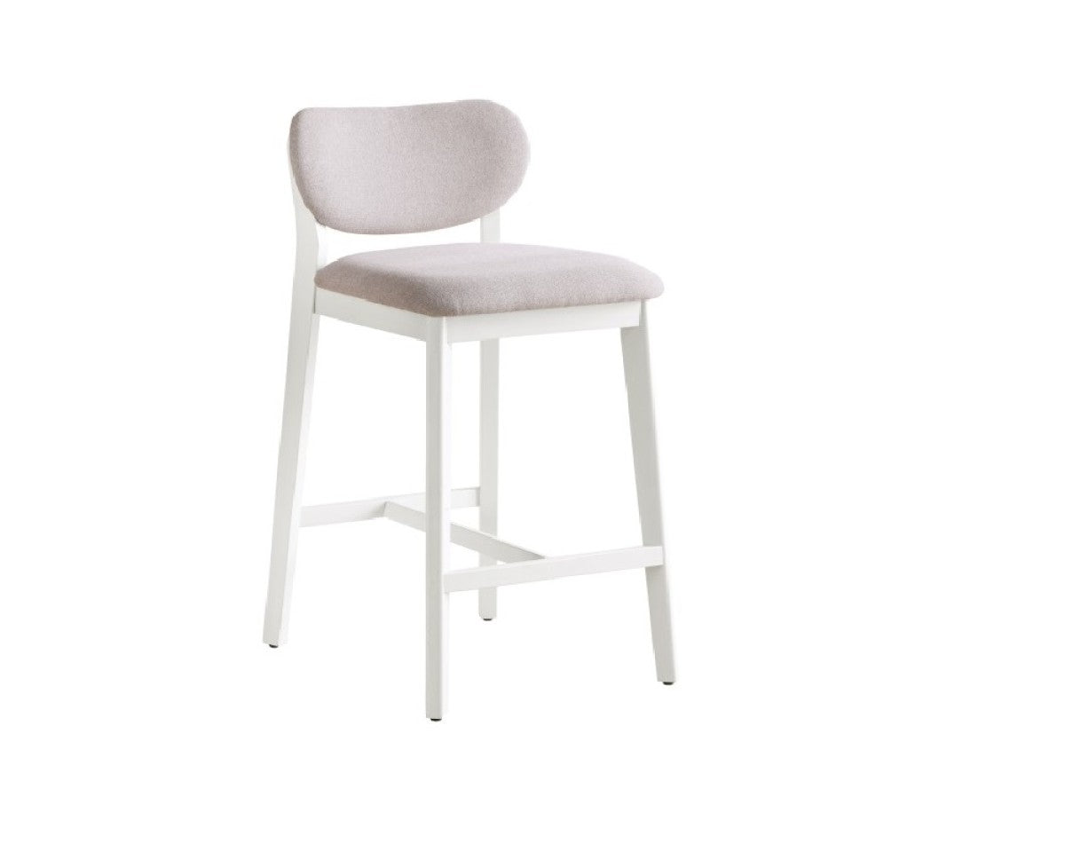 Luna modern upholstered bar stool with white wooden frame for luxury homes in Brampton, Ontario