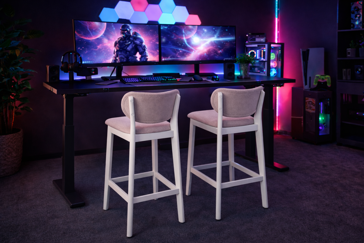 Luna modern upholstered bar stool with white wooden frame for luxury homes in Brampton, Ontario