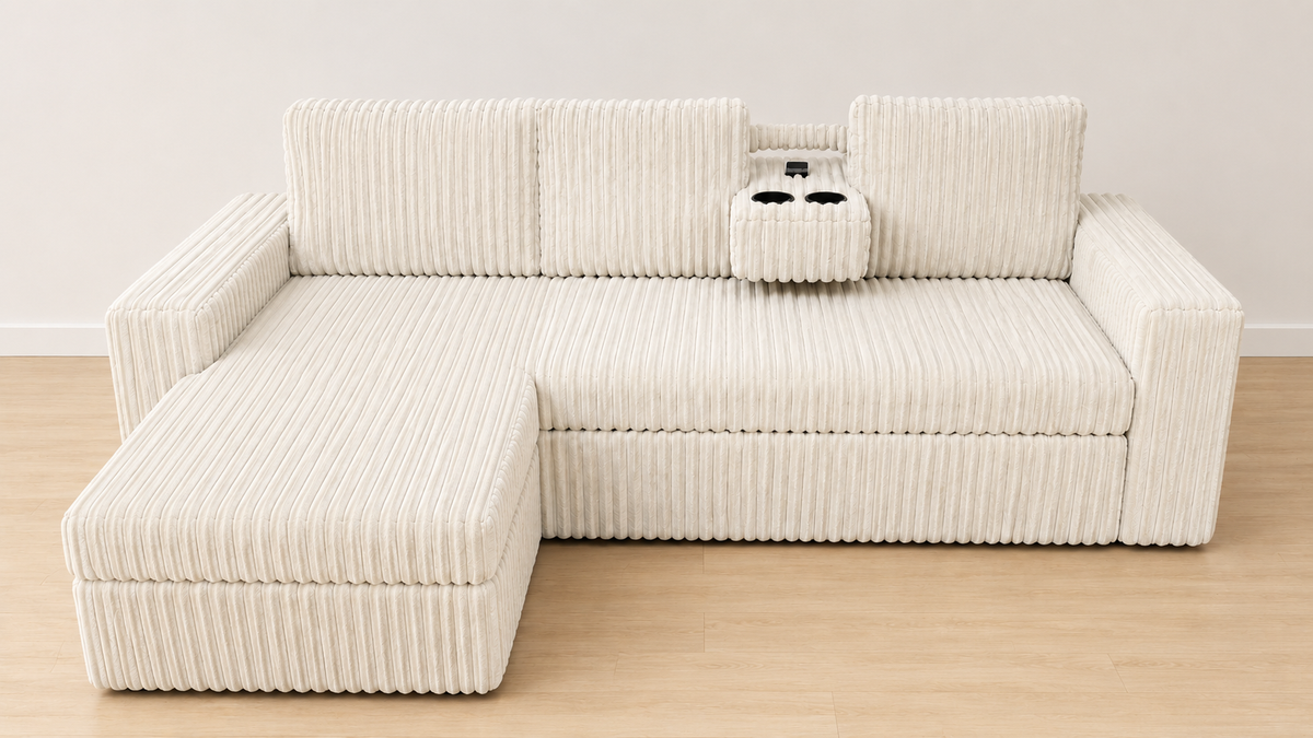 Modern Corduroy Sectional Sofa Bed with Storage & Cup Holders