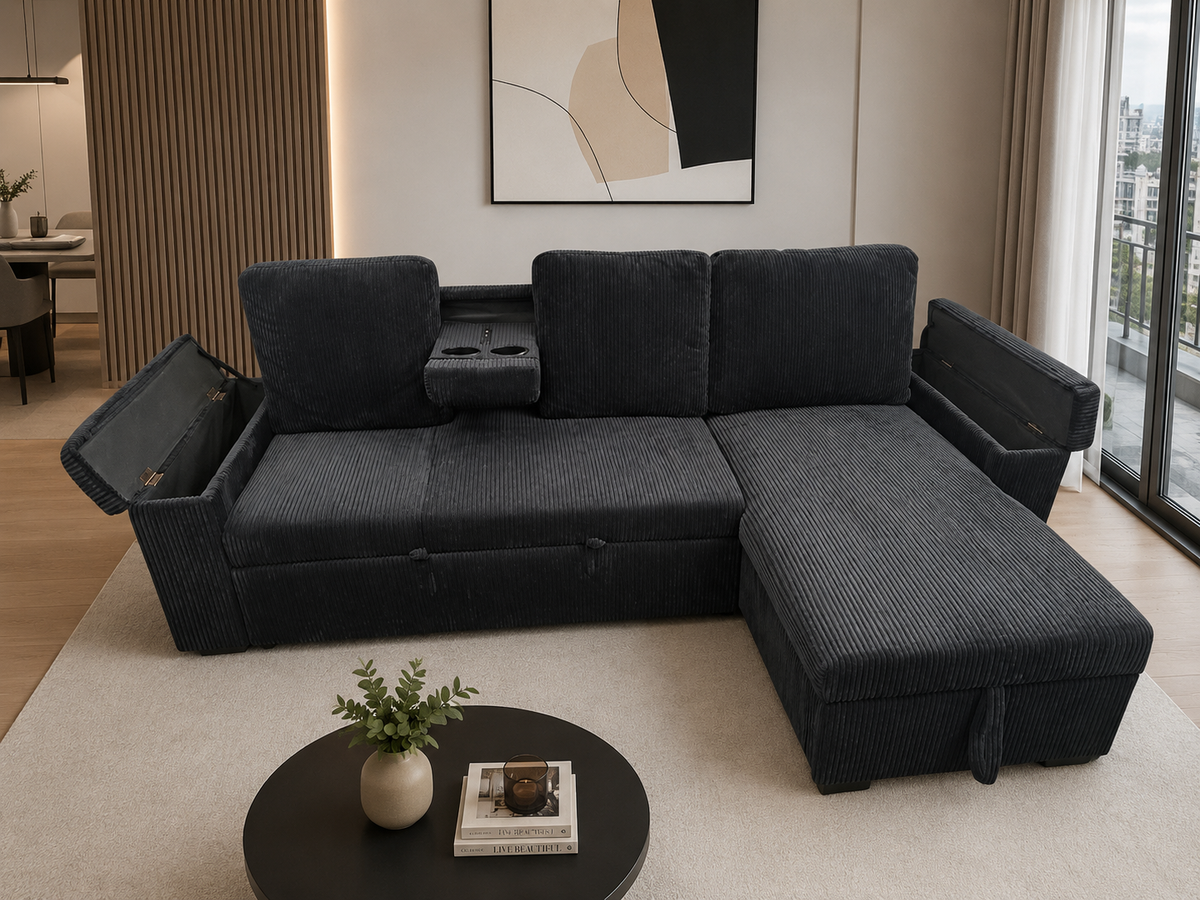 Modern Corduroy Sectional Sofa Bed with Storage & Cup Holders
