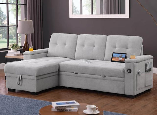 Modern multi-functional sofa bed with storage and cupholders