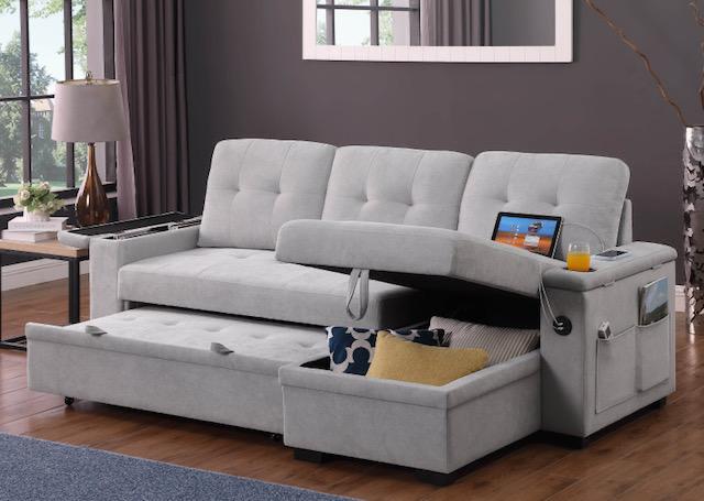 Modern multi-functional sofa bed with storage and cupholders
