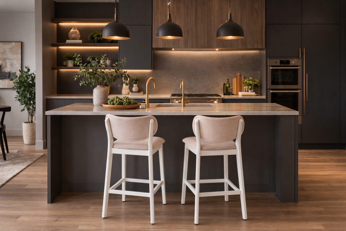 Luna modern upholstered bar stool with white wooden frame for luxury homes in Brampton, Ontario