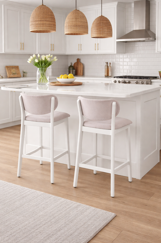 Luna modern upholstered bar stool with white wooden frame for luxury homes in Brampton, Ontario